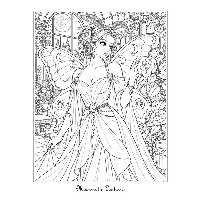 Moonmoth Couturier: an actual fantasy coloring illustration from inside Beautiful Maidens, Warriors & Elves