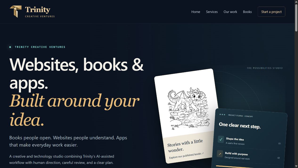 Actual Trinity Creative Ventures website home page with its gold identity and service introduction